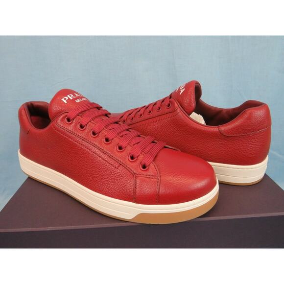 NIB PRADA 4E3507 RED TEXTURED LEATHER LACE UP LOGO LOW TOP SNEAKERS 7 US 8 - Picture 11 of 12